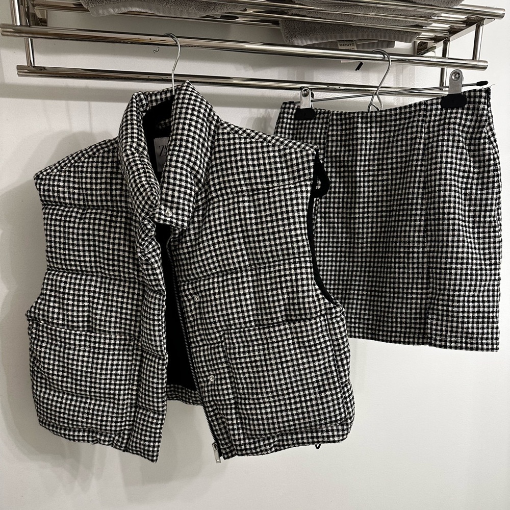 Plaid Puffer Vest & Mini Skirt